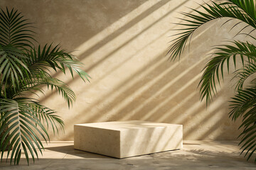 A minimalist scene featuring a textured beige stone pedestal bathed in warm sunlight with dappled shadows from palm leaves creating a tropical ambiance