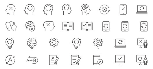 Line Icons Pack for Unlearning and Relearning Concepts &ndash; Editable Mindset, Brain, Knowledge Shift, and Education Outline Symbols