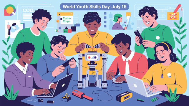 Illustration of young people collaborating on tech projects for World Youth Skills Day on July fifteenth.