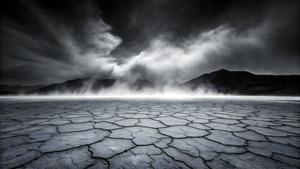 Dramatic black and white landscape with cracked earth and foggy mountains