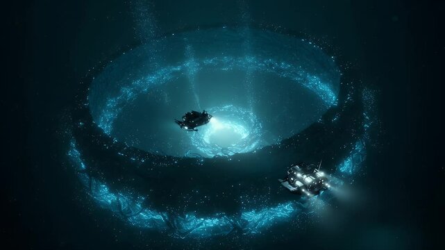 Futuristic vehicles fly through a glowing, circular nebula
