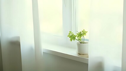 Small green potted plant on sunny windowsill