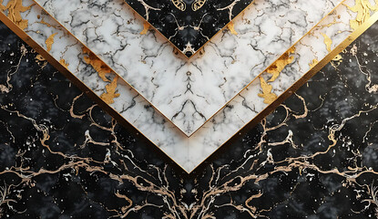 A luxurious black marble surface with gold veining arranged in a symmetrical V-shape, captured in high-resolution 4K and HD.
