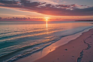 Fototapeta premium Captivating Vista of Sunset Over Tranquil Waters and Sandy Shore