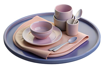 A pastelcolored tableware set with plates, bowls, and spoons isolated on transparent background