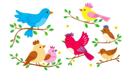 Fototapeta premium Cute cartoon birds perched on branches with leaves and flowers
