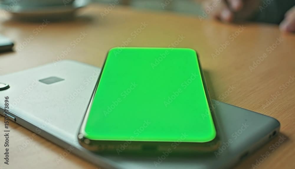 Aufkleber green screen display on a smartphone with another phone beside it on a table