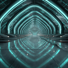 Fototapeta premium Futuristic glowing tunnel with arched design and blue neon lights