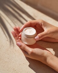 Woman holding jar of cosmetic cream in sunlight
