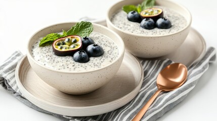 Two bowls of chia seed pudding topped with blueberries and passion fruit