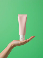 A woman's hand gently holds a pale pink tube of cosmetic cream against a vibrant green background. Simple, clean product shot.
