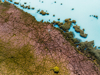 Lake Balaton in Hungary. Beach textures with boats with reeds and piers, aerial view