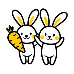 Cute cartoon bunny rabbits holding carrots vector illustration easter spring animals kawaii art drawing
