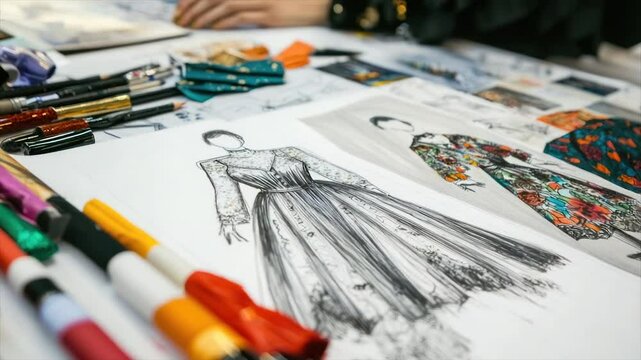 Fashion design sketches, colorful markers, and fabric swatches on a table