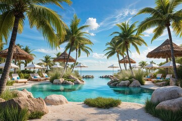 Fototapeta premium Enchanted Lagoon Oasis Surrounded by Palms and Clear Blue Sky for a Summer Escape