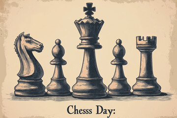 A charming hand-drawn illustration of classic chess pieces — King, Queen, and Bishop — in a vintage sketch style. The artwork features the caption “Chess Day” in elegant lettering.