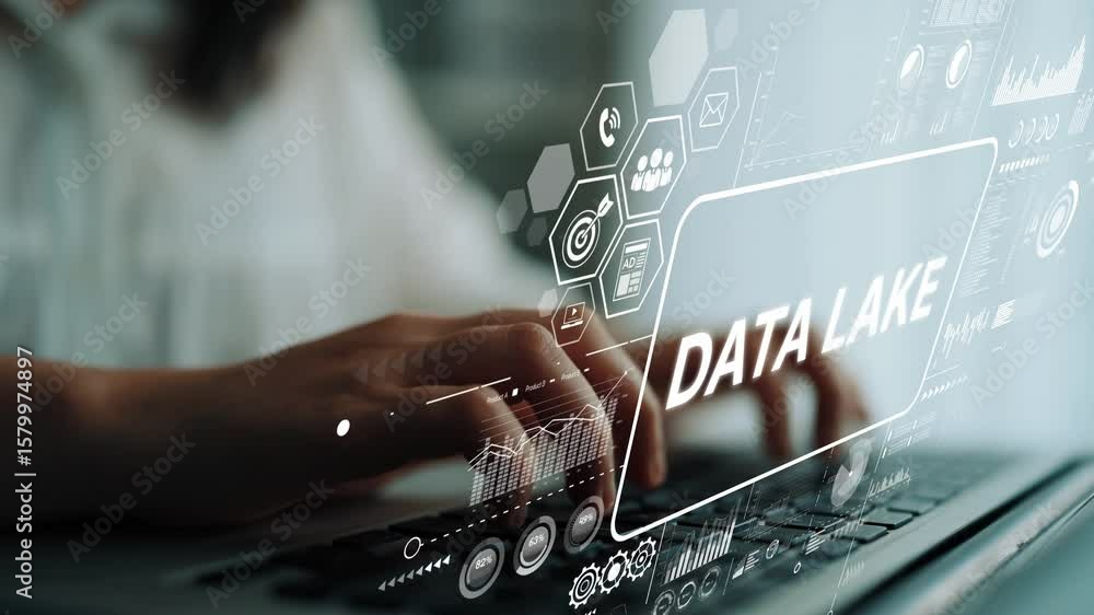 Poster hands typing on a keyboard with data lake concept and digital interface visuals in a modern workspac