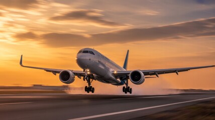 Obraz premium An airplane takes off at sunset, providing an exciting view of transportation and modern travel