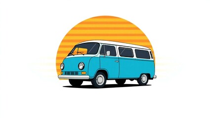Retro blue camper van driving towards a striped orange sunset