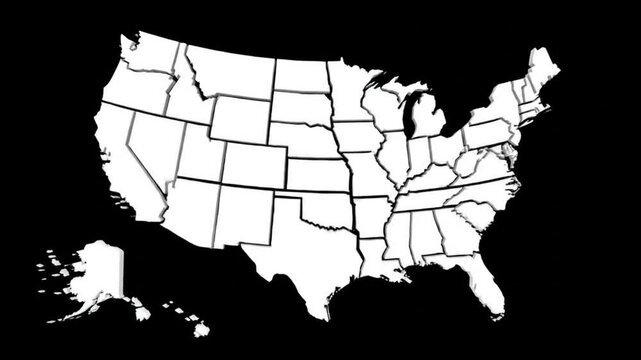 Map of United States of America showing different states. Animated usa contiguous lower 48 u.s. state map on an isolated chroma key background.