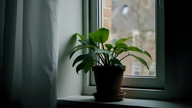 Small green potted plant on sunny windowsill