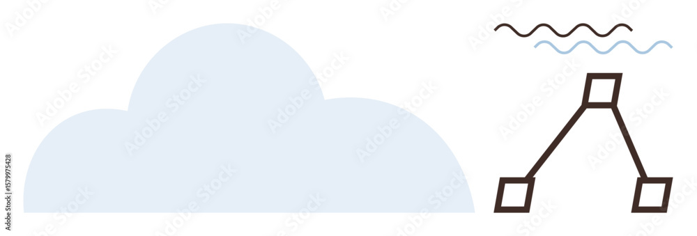 Poster large blue cloud shape, branching network diagram, flowing wave patterns. ideal for technology, clou