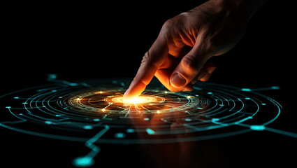 Finger touching glowing digital interface hand