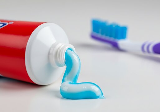 Dynamic shot of blue and white toothpaste being squeezed, highlighting cleanliness and daily dental care products