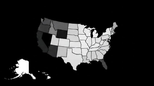 Line Map of United States of America showing different states. Animated usa contiguous lower 48 u.s. state map on an isolated chroma key background.