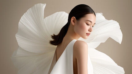 Elegant bride in white wedding dress with dramatic pleated backdrop. Beautiful asian woman in luxury bridal gown for wedding ceremony. Professional bridal salon portrait photography.