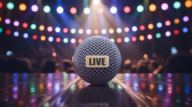 Celebrate live performance with a microphone on stage surrounded by colorful lights and a crowd of people