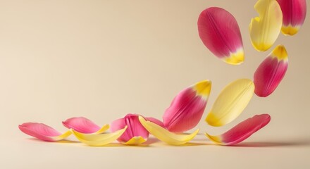 Pink and yellow tulip petals are falling gracefully in the air