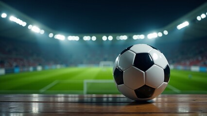Classic Soccer Ball in Illuminated Stadium