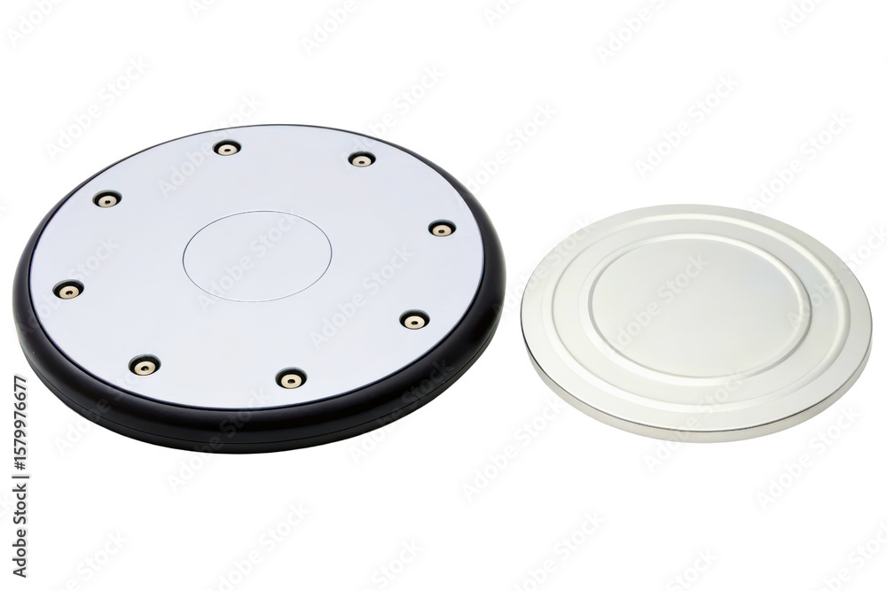 Poster chrome industrial base component with a separate metallic cover isolated with transparent background