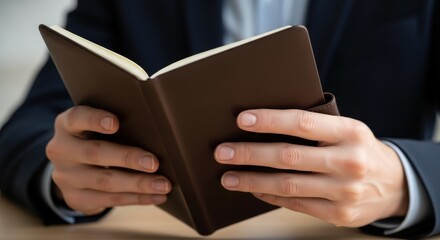 A businessman is reading an open notebook at his desk