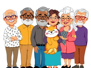 Diverse group of happy seniors posing together with a cute orange cat