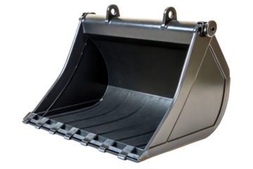 Heavy-duty black excavator bucket attachment for construction isolated with transparent background