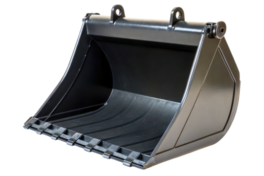 Heavy-duty black excavator bucket attachment for construction isolated with transparent background
