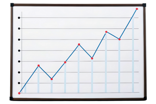 Whiteboard with a line graph showing business growth and success isolated with transparent background