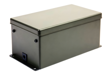Industrial power supply box with a protective metal housing isolated with transparent background