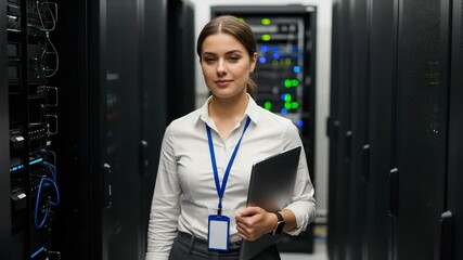 A female it engineer is standing in a data center server room holding a laptop - Powered by Adobe