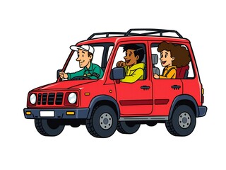 Obraz premium Diverse group of friends enjoying a road trip in a red suv