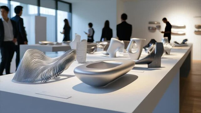 Sleek metallic sculptures displayed in modern gallery setting