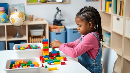 A focused young girl builds a colorful structure with toy blocks in a classroom setting, surrounded by educational tools.