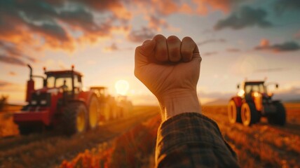 Hand raised in determination, with tractors in the background, symbolizes agricultural strength and resilience during sunset in a vibrant rural landscape