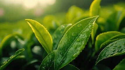 Delicate raindrops on fresh green tea leaves, a serene moment of nature's renewal.