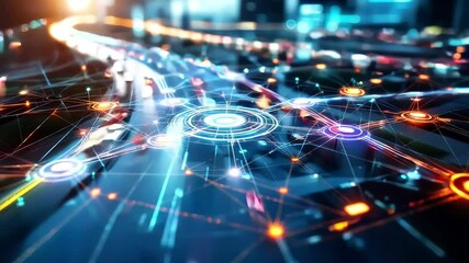 Fiber optic cables glowing in digital data center with blue light spots and technology design background high-quality technology animation video  - Powered by Adobe