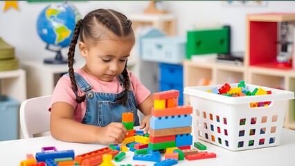 A focused young girl builds a colorful structure with toy blocks in a classroom setting, surrounded by educational tools.