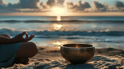 Individual practicing meditation on a beach at sunset, with a singing bowl placed on a textured blanket, creating a serene atmosphere for mindfulness and relaxation