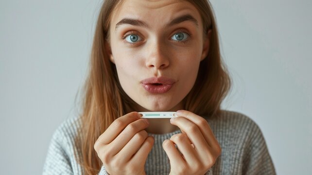 Young woman with long hair is holding a pregnancy test, displaying a surprised expression, in a softly lit indoor setting, conveying emotions of anticipation and hopefulness